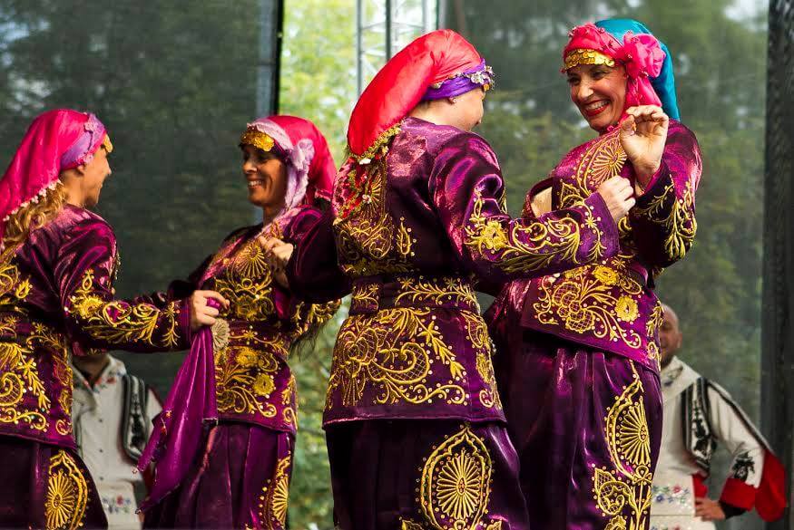 A group of dancers in traditional Hungarian attire performing at the St. Stephen's Day festival in Kecskemet.